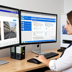 **

Prompt: "An administrative agent in a modern, digitalized French local government office, using GRC software. Focus on the blend of traditional tasks and new technology, highlighting training and user support. Bright, professional setting."

**