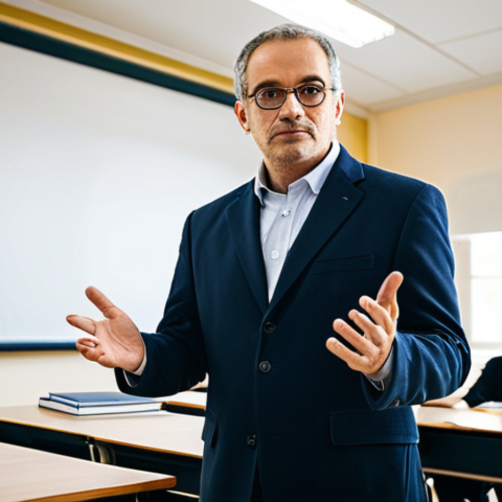 University Lecturer in Classroom**

"A professional and knowledgeable university lecturer giving a lecture in a modern French university classroom, fully clothed in appropriate professional attire (business casual), safe for work, appropriate content, perfect anatomy, correct proportions, natural pose, surrounded by attentive students, warm lighting, inspiring atmosphere, high quality, professional photography."

**