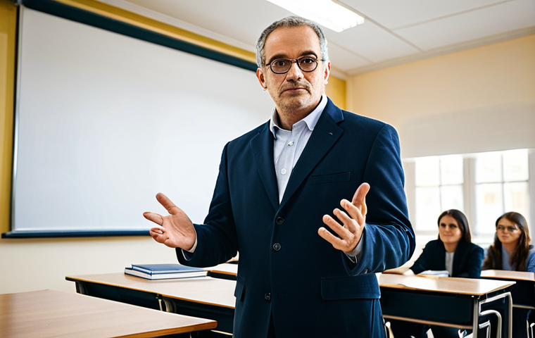 University Lecturer in Classroom**

"A professional and knowledgeable university lecturer giving a lecture in a modern French university classroom, fully clothed in appropriate professional attire (business casual), safe for work, appropriate content, perfect anatomy, correct proportions, natural pose, surrounded by attentive students, warm lighting, inspiring atmosphere, high quality, professional photography."

**