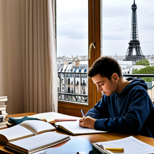 A Candidate Studying**

"A focused student, fully clothed in casual attire, studying diligently at a desk piled with books and notes. The setting is a cozy Parisian apartment with a view of the Eiffel Tower through the window.  Safe for work, appropriate content, modest, family-friendly, perfect anatomy, correct proportions, natural pose, high quality, professional."

**