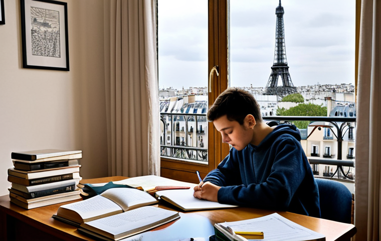 A Candidate Studying**

"A focused student, fully clothed in casual attire, studying diligently at a desk piled with books and notes. The setting is a cozy Parisian apartment with a view of the Eiffel Tower through the window.  Safe for work, appropriate content, modest, family-friendly, perfect anatomy, correct proportions, natural pose, high quality, professional."

**