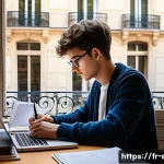 자치행정사 시험 합격 노하우 - A detailed and realistic study environment showing a young French adult student at a tidy desk in a ...