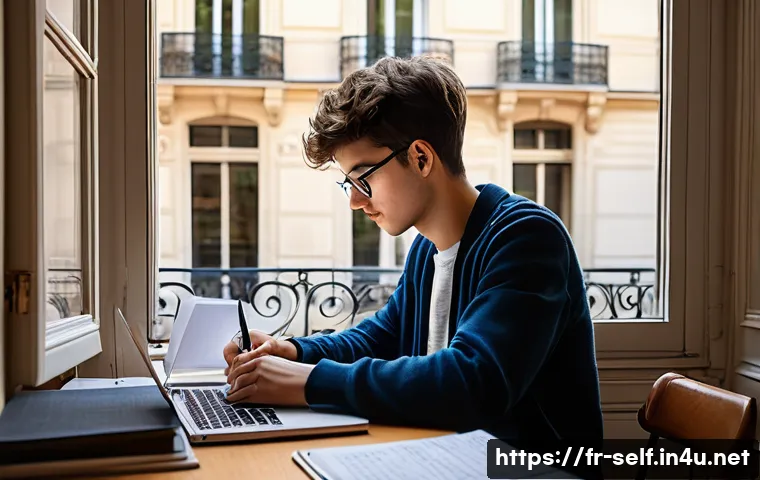 자치행정사 시험 합격 노하우 - A detailed and realistic study environment showing a young French adult student at a tidy desk in a ...