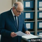 Home 21 자치행정사 경력 증명서 작성법 - A professional office setting in a French local government building, featuring a mid-aged French civ...