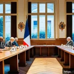 Home 19 자치행정사 연봉과 인센티브 - A detailed scene inside a French town hall meeting room, showing a diverse group of local elected of...