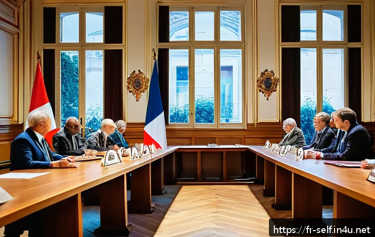 자치행정사 연봉과 인센티브 - A detailed scene inside a French town hall meeting room, showing a diverse group of local elected of...