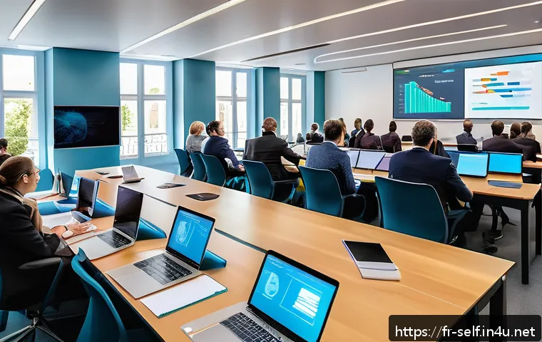 자치행정사 업무 변화 트렌드 - A modern French town hall interior showing a diverse group of local government administrators in pro...
